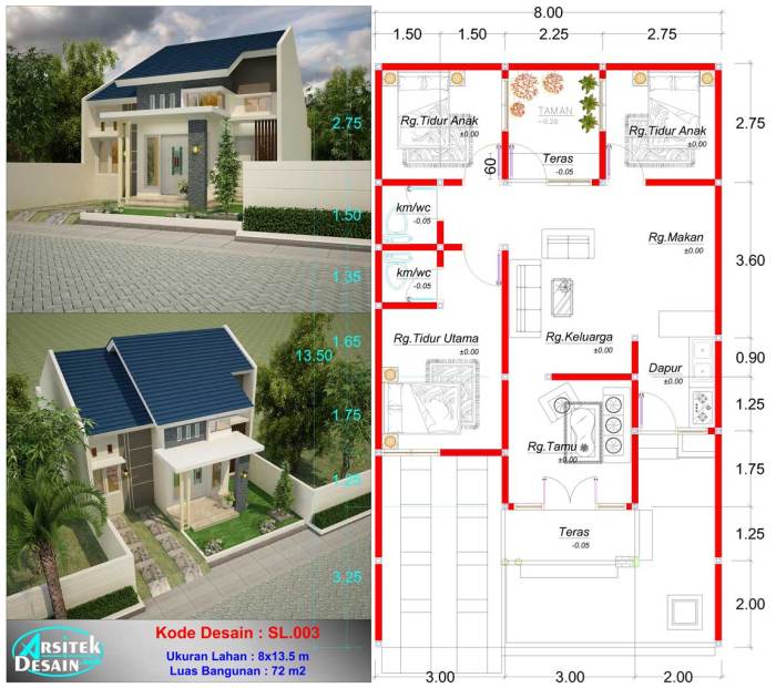 Desain rumah tanah 72 m2